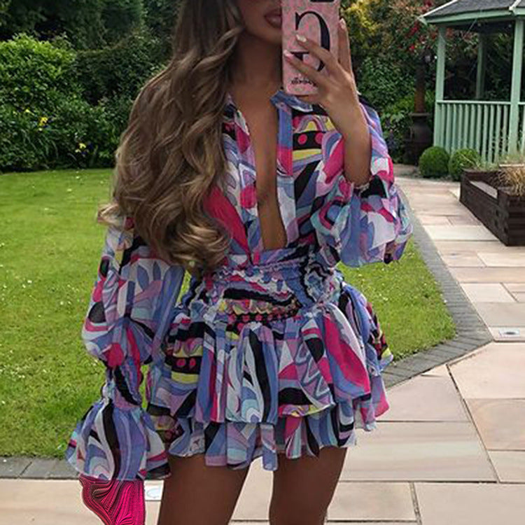 V-neck Printing Temperament Short Dresses For Women - Onouthati