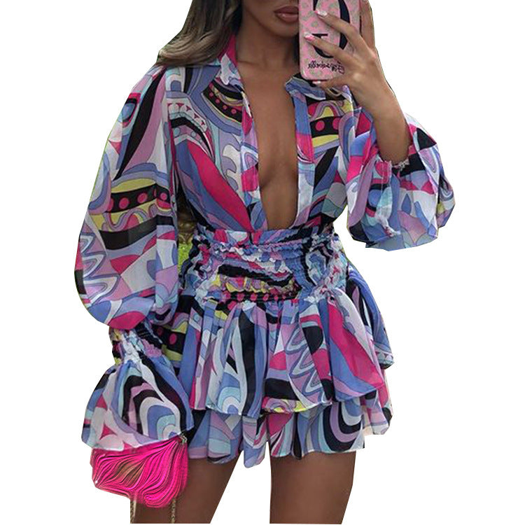 V-neck Printing Temperament Short Dresses For Women - Onouthati