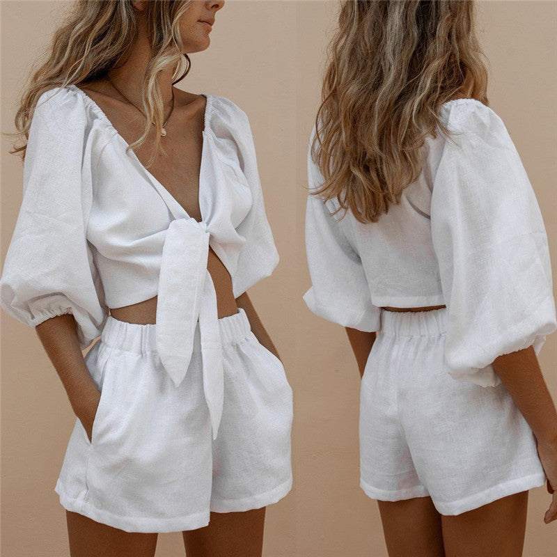 Sleeve Tops Shorts Elastic Waist Wide Leg Short Suit Sets - Onouthati