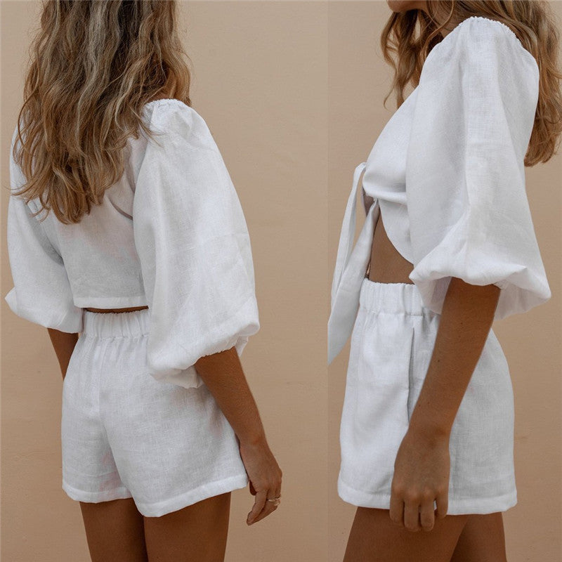 Sleeve Tops Shorts Elastic Waist Wide Leg Short Suit Sets - Onouthati