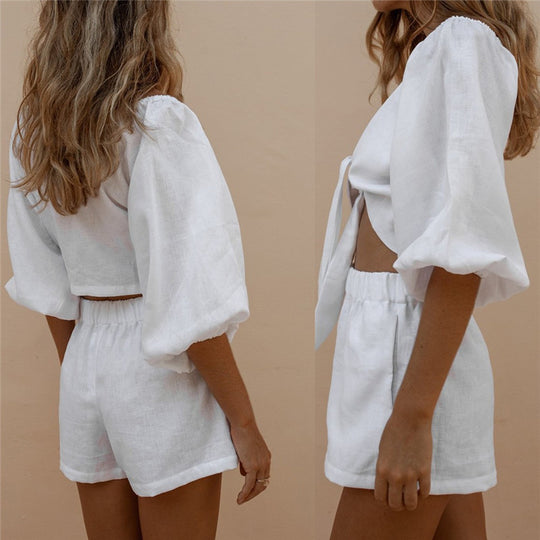 Sleeve Tops Shorts Elastic Waist Wide Leg Short Suit Sets - Onouthati