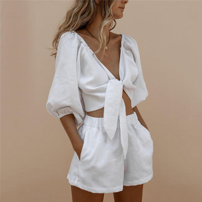 Sleeve Tops Shorts Elastic Waist Wide Leg Short Suit Sets - Onouthati
