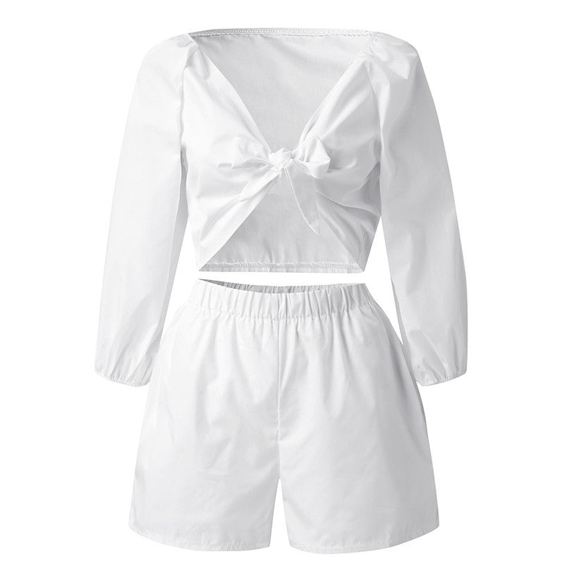 Sleeve Tops Shorts Elastic Waist Wide Leg Short Suit Sets - Onouthati