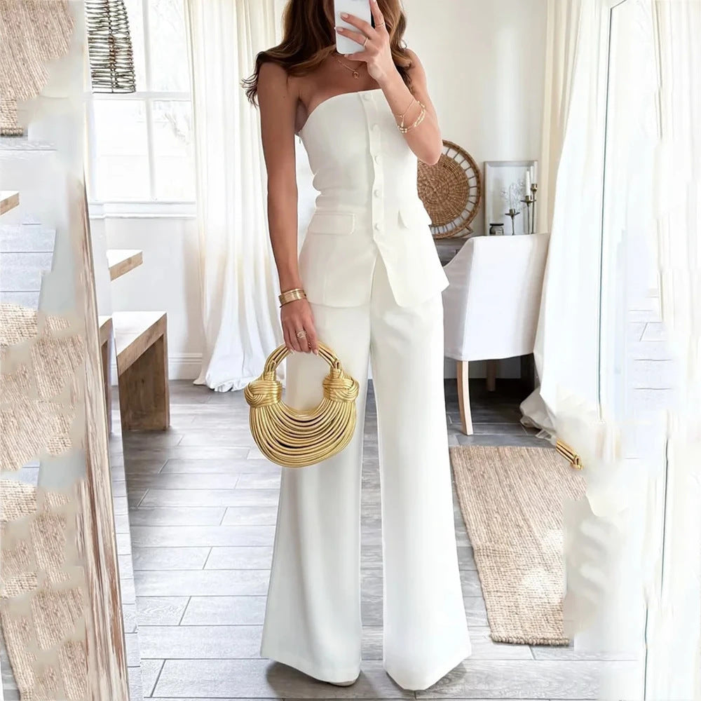 Off-shoulder Sleeveless Single-breasted Slim-fitting Straight Pants Suit - Onouthati