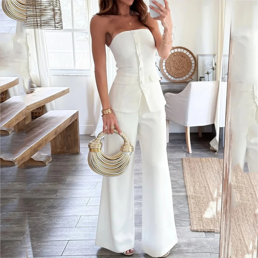 Off-shoulder Sleeveless Single-breasted Slim-fitting Straight Pants Suit - Onouthati