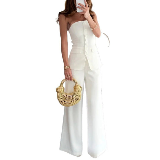 Off-shoulder Sleeveless Single-breasted Slim-fitting Straight Pants Suit - Onouthati