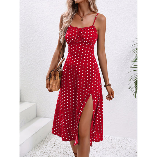 New Polka Dot Print Suspender Dress Summer Sexy Split Long Dresses For Womens Clothing - Onouthati