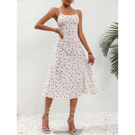 New Polka Dot Print Suspender Dress Summer Sexy Split Long Dresses For Womens Clothing - Onouthati