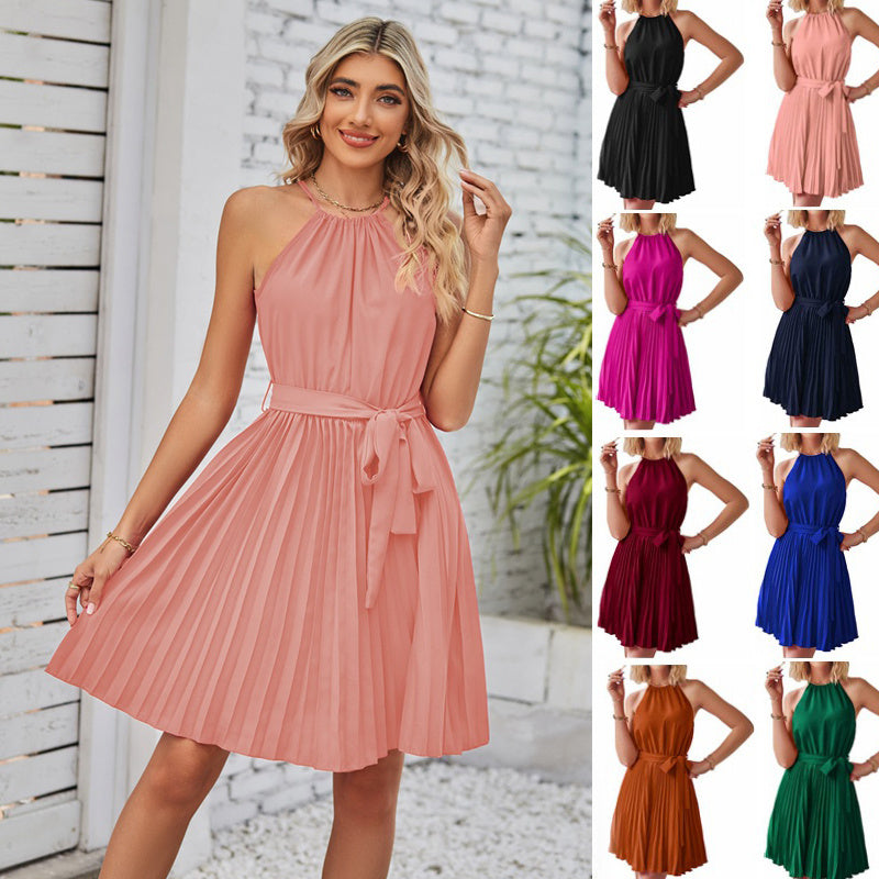 Halter Strapless Dresses For Women Solid Pleated Skirt Summer Beach Sundress - Onouthati