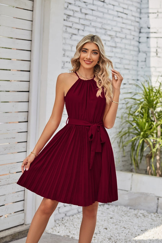 Halter Strapless Dresses For Women Solid Pleated Skirt Summer Beach Sundress - Onouthati