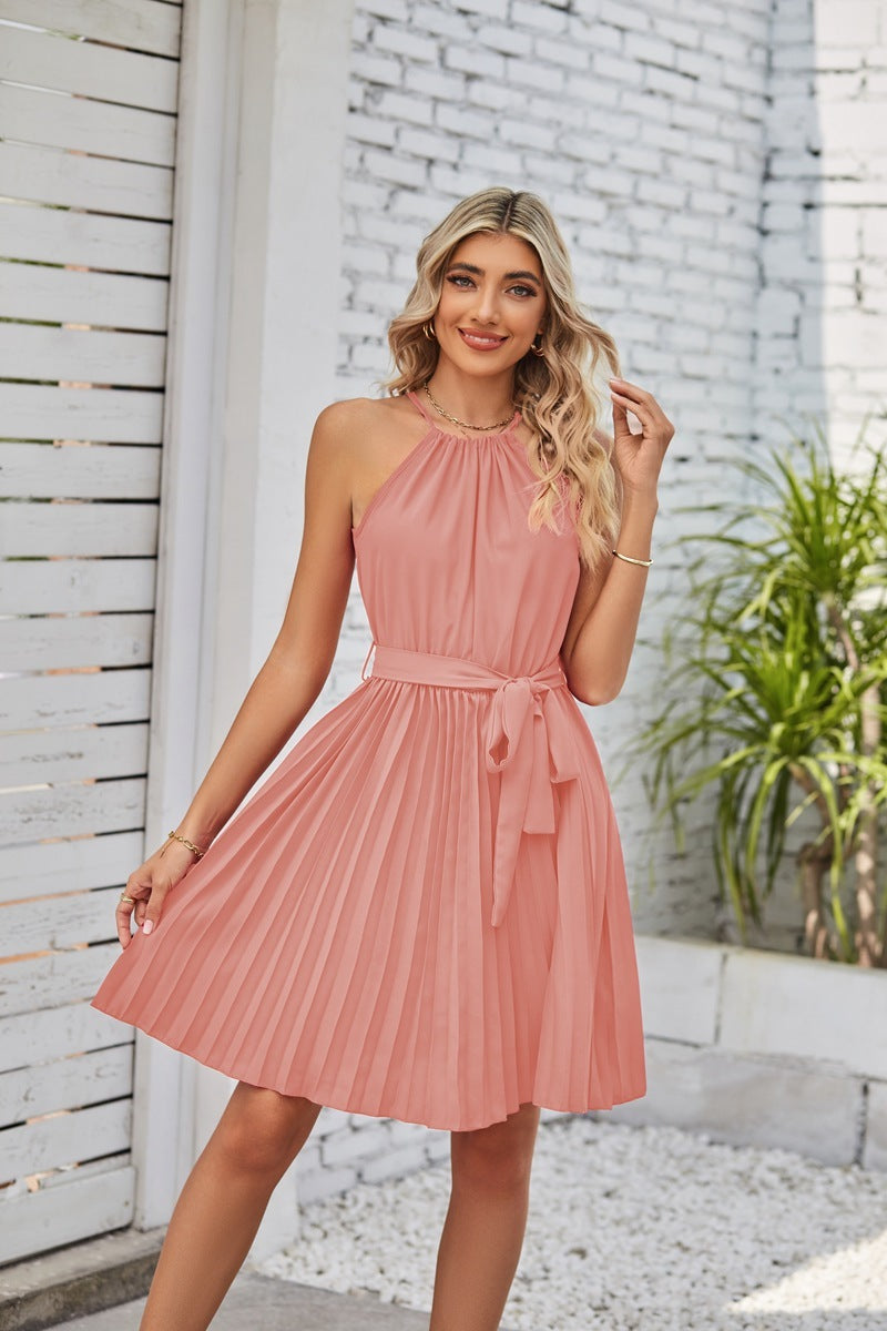 Halter Strapless Dresses For Women Solid Pleated Skirt Summer Beach Sundress - Onouthati