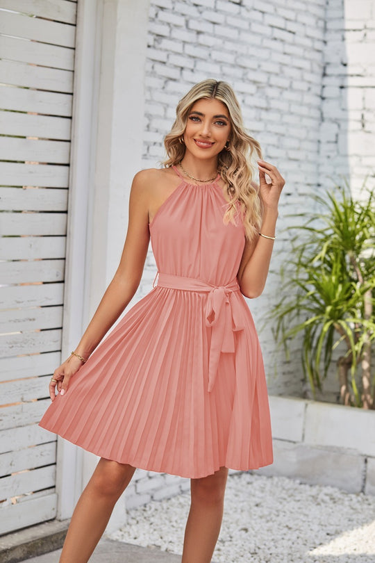 Halter Strapless Dresses For Women Solid Pleated Skirt Summer Beach Sundress - Onouthati