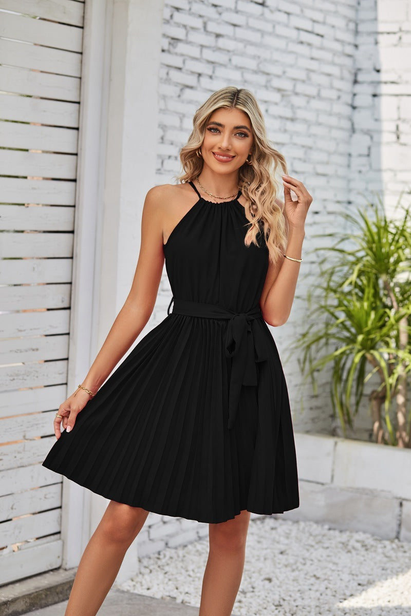 Halter Strapless Dresses For Women Solid Pleated Skirt Summer Beach Sundress - Onouthati