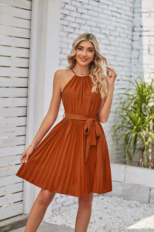 Halter Strapless Dresses For Women Solid Pleated Skirt Summer Beach Sundress - Onouthati