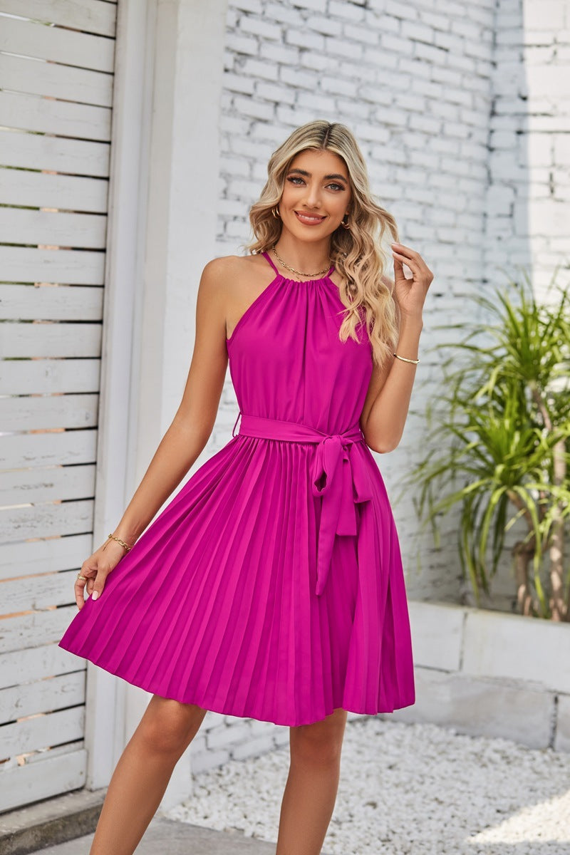 Halter Strapless Dresses For Women Solid Pleated Skirt Summer Beach Sundress - Onouthati