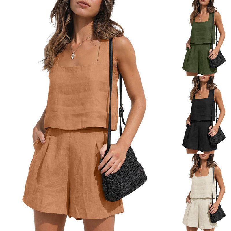 Women's Suit 2 Piece Outfits Square Neck Tops Shorts Sets Lounge Clothes Beach Summer Casual Outfits - Onouthati