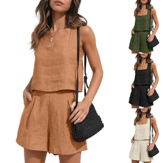 Women's Suit 2 Piece Outfits Square Neck Tops Shorts Sets Lounge Clothes Beach Summer Casual Outfits - Onouthati