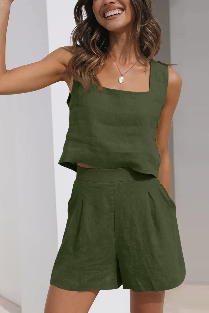 Women's Suit 2 Piece Outfits Square Neck Tops Shorts Sets Lounge Clothes Beach Summer Casual Outfits - Onouthati