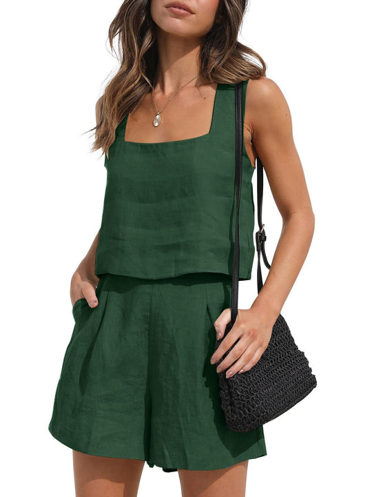 Women's Suit 2 Piece Outfits Square Neck Tops Shorts Sets Lounge Clothes Beach Summer Casual Outfits - Onouthati