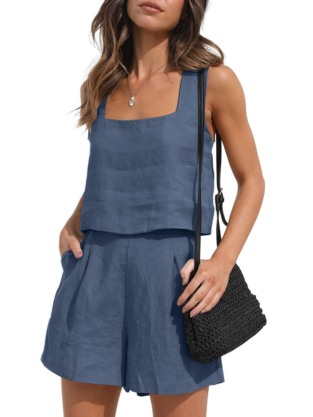 Women's Suit 2 Piece Outfits Square Neck Tops Shorts Sets Lounge Clothes Beach Summer Casual Outfits - Onouthati