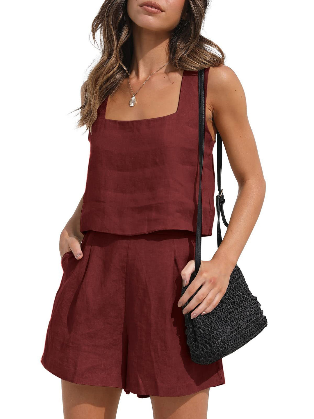 Women's Suit 2 Piece Outfits Square Neck Tops Shorts Sets Lounge Clothes Beach Summer Casual Outfits - Onouthati