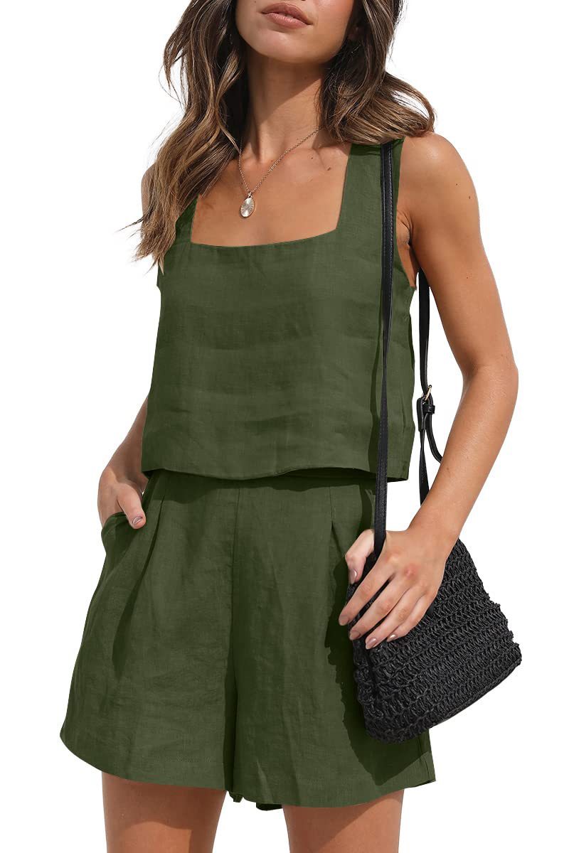 Women's Suit 2 Piece Outfits Square Neck Tops Shorts Sets Lounge Clothes Beach Summer Casual Outfits - Onouthati