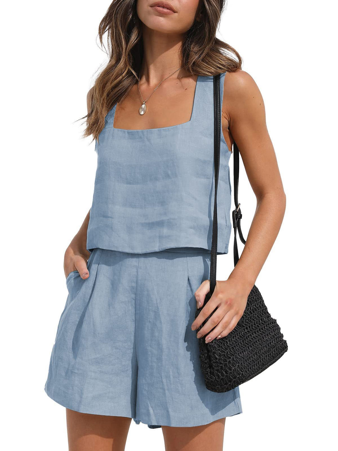 Women's Suit 2 Piece Outfits Square Neck Tops Shorts Sets Lounge Clothes Beach Summer Casual Outfits - Onouthati