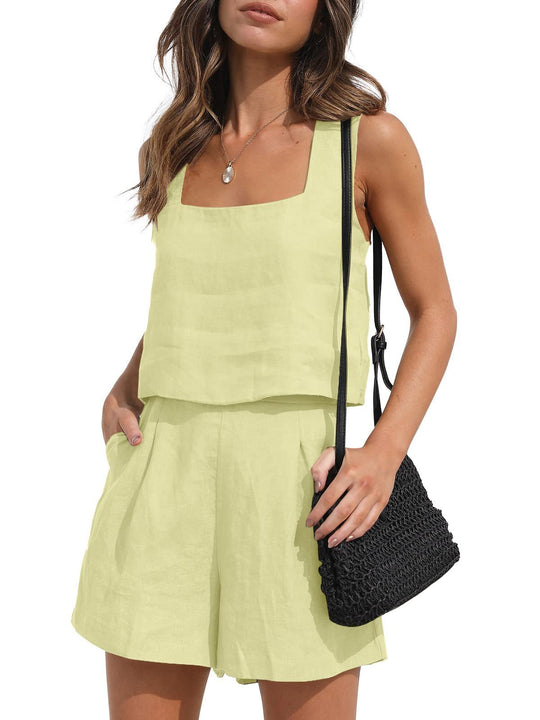 Women's Suit 2 Piece Outfits Square Neck Tops Shorts Sets Lounge Clothes Beach Summer Casual Outfits - Onouthati