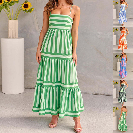 Summer Striped Printed Suspender Long Dress With Pockets Fashion Square Neck Backless Dresses For Beach Vacation Women Clothing - Onouthati