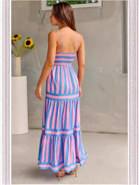 Summer Striped Printed Suspender Long Dress With Pockets Fashion Square Neck Backless Dresses For Beach Vacation Women Clothing - Onouthati