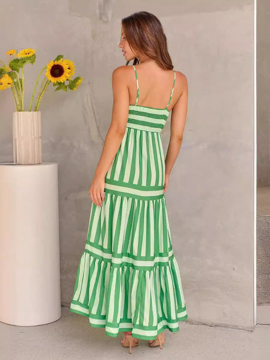 Summer Striped Printed Suspender Long Dress With Pockets Fashion Square Neck Backless Dresses For Beach Vacation Women Clothing - Onouthati