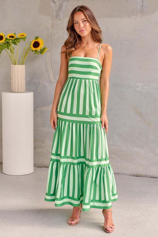 Summer Striped Printed Suspender Long Dress With Pockets Fashion Square Neck Backless Dresses For Beach Vacation Women Clothing - Onouthati