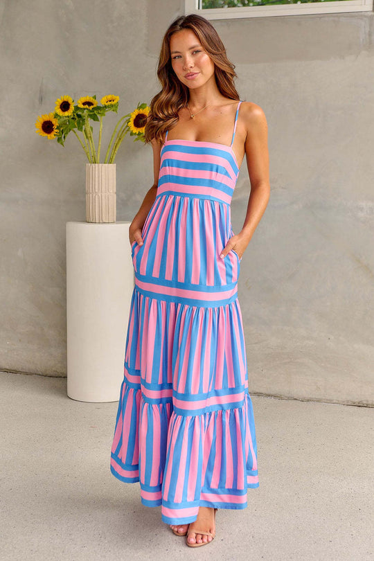 Summer Striped Printed Suspender Long Dress With Pockets Fashion Square Neck Backless Dresses For Beach Vacation Women Clothing - Onouthati