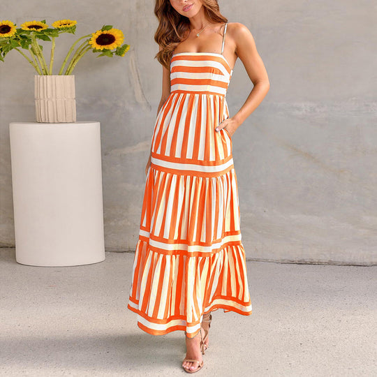 Summer Striped Printed Suspender Long Dress With Pockets Fashion Square Neck Backless Dresses For Beach Vacation Women Clothing - Onouthati