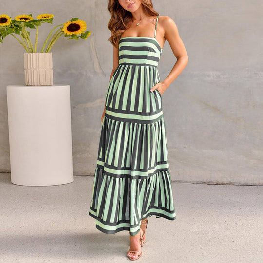 Summer Striped Printed Suspender Long Dress With Pockets Fashion Square Neck Backless Dresses For Beach Vacation Women Clothing - Onouthati