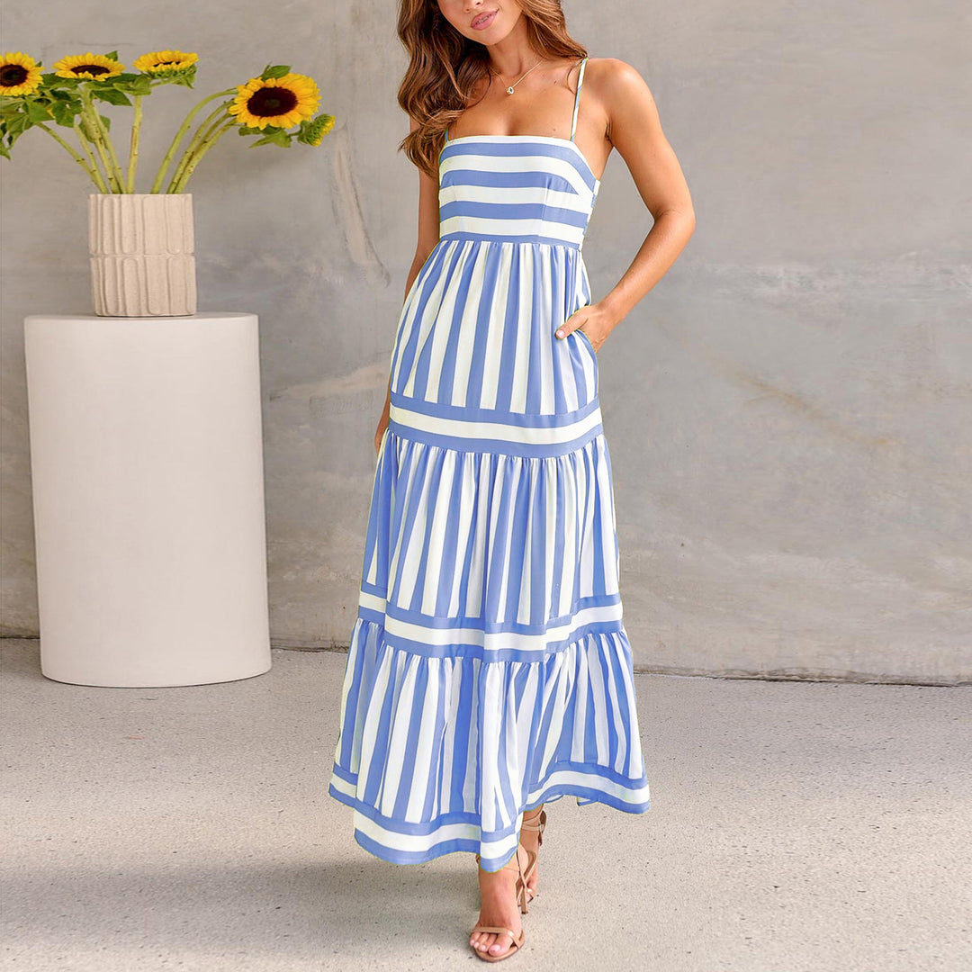 Summer Striped Printed Suspender Long Dress With Pockets Fashion Square Neck Backless Dresses For Beach Vacation Women Clothing - Onouthati