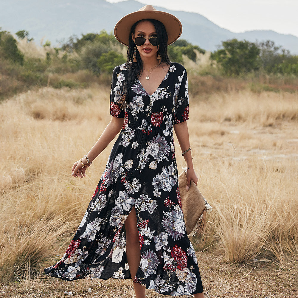 Floral Summer Beach Dress With V Neck Elastic Waist Dresses For Women - Onouthati